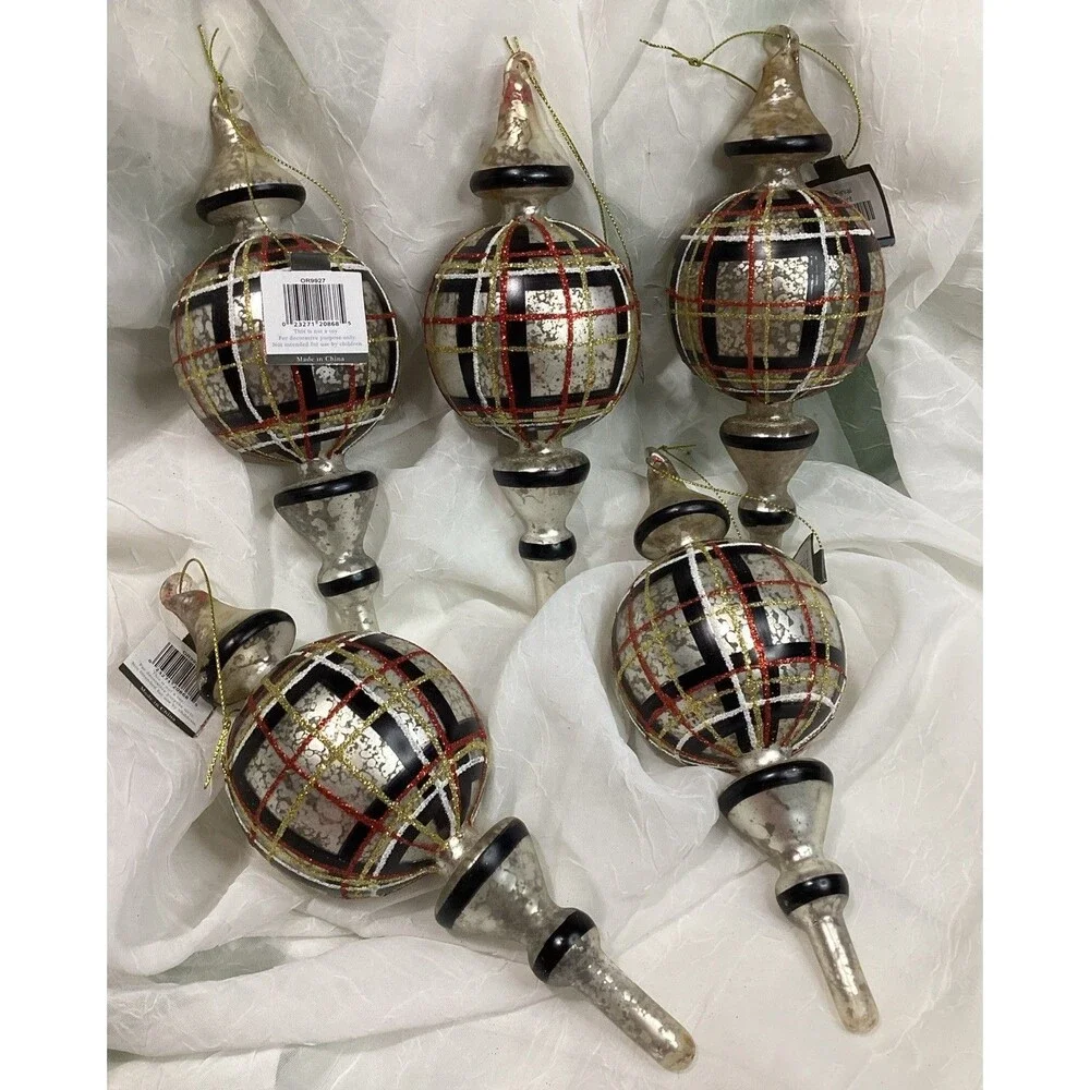 Mercury Glass Finial Christmas Plaid Ornaments X5 Black, Red, Gold & Silver 9